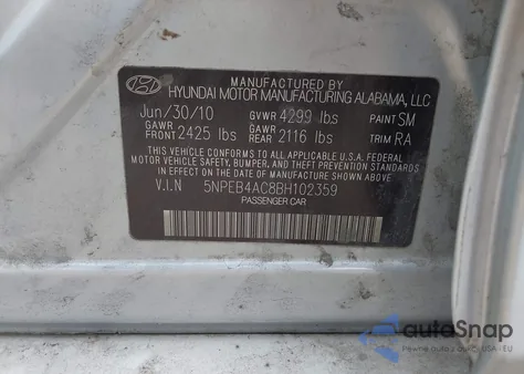 2011 Hyundai Sonata Gls from USA, damaged, VIN 5NPEB4AC8BH102359